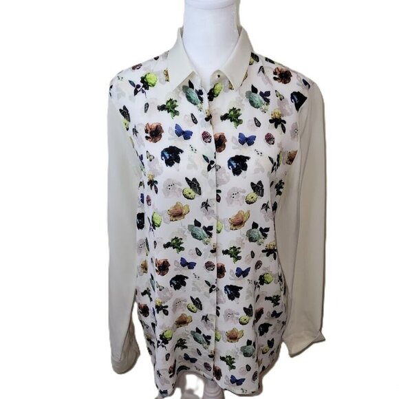 Club Monaco 100% Silk Floral Butterfly Print Long Sleeve Button Up Blouse Size S - Picture 1 of 11